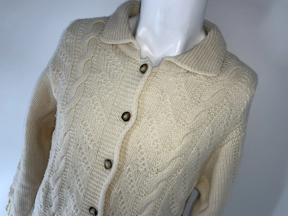 Cárdigan suéter Sisley para mujer S marfil 100 % lana tejido con cable Italia YGI Q1-16 Foto 3 de 4