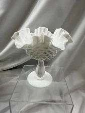 Fenton Hobnail Pedestal Compote Candy Dish White Milk Glass Ruffled