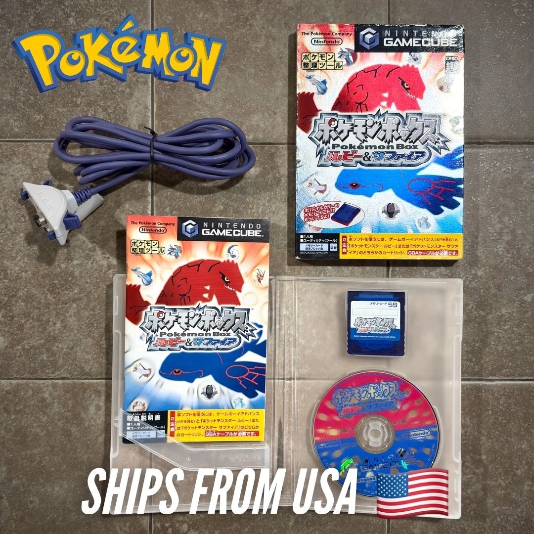 Pokemon Caja Rubí y Zafiro Gamecube Completo GBA Cable Juego de Tarjetas de Memoria PROBADO