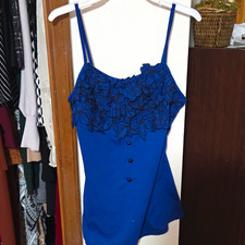 Womens Blue Spaghetti Strap Dance Leotard Unitard Black Floral Lace Overlay XS