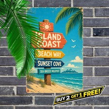Tropical Palm Tree Framed Beach Illustration Metal Tin Sign 8x12