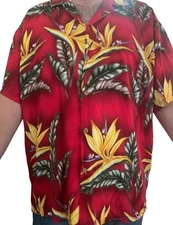 VTG Paradise Found Hawaiian Button Shirt Red Magnum PI Bird of Paradise.