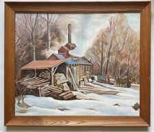 Vintage Painting Winter Snow Country Landscape Maple Sugar Shack Horses Sleigh