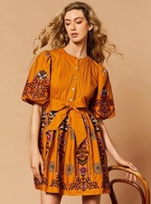 A Loves A XS Woven Floral Puff Sleeve Button Front Belt A-Line Flounce Dress NWT
