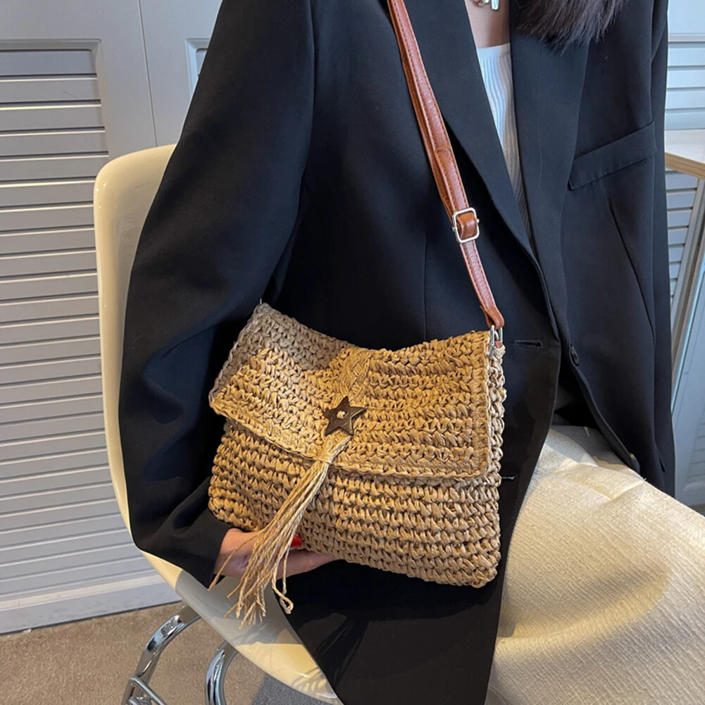 Fashion Casual Straw Crossbody Bag Tassel Star Beach Hand Woven