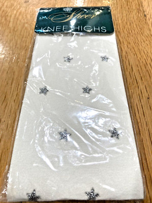Sheer Knee Highs - White with Silver Stars - Fits 9-12