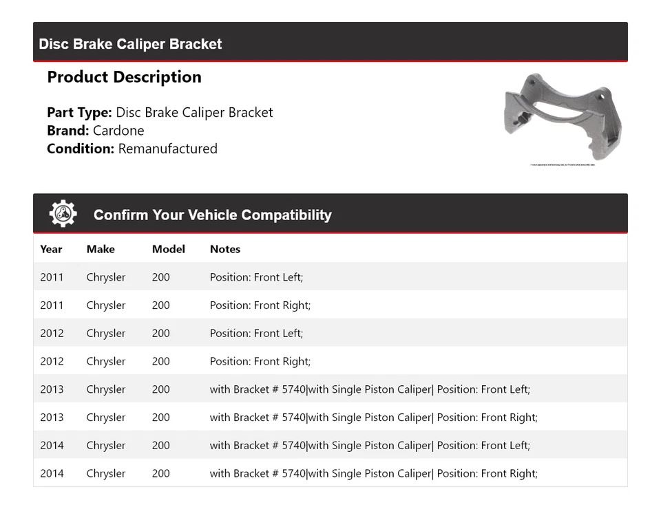 Для 2011-2014 Chrysler 200 дисковый тормоз суппорт кронштейн Cardone 2012 2013 - Изображение 2 из 4