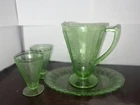 1931 Jeannette Poinsettia Green Depression Glass Pitcher with 2 Cups and Plate
