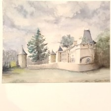 Chateau en Périgord Dordogne Aquarelle Originale 20e