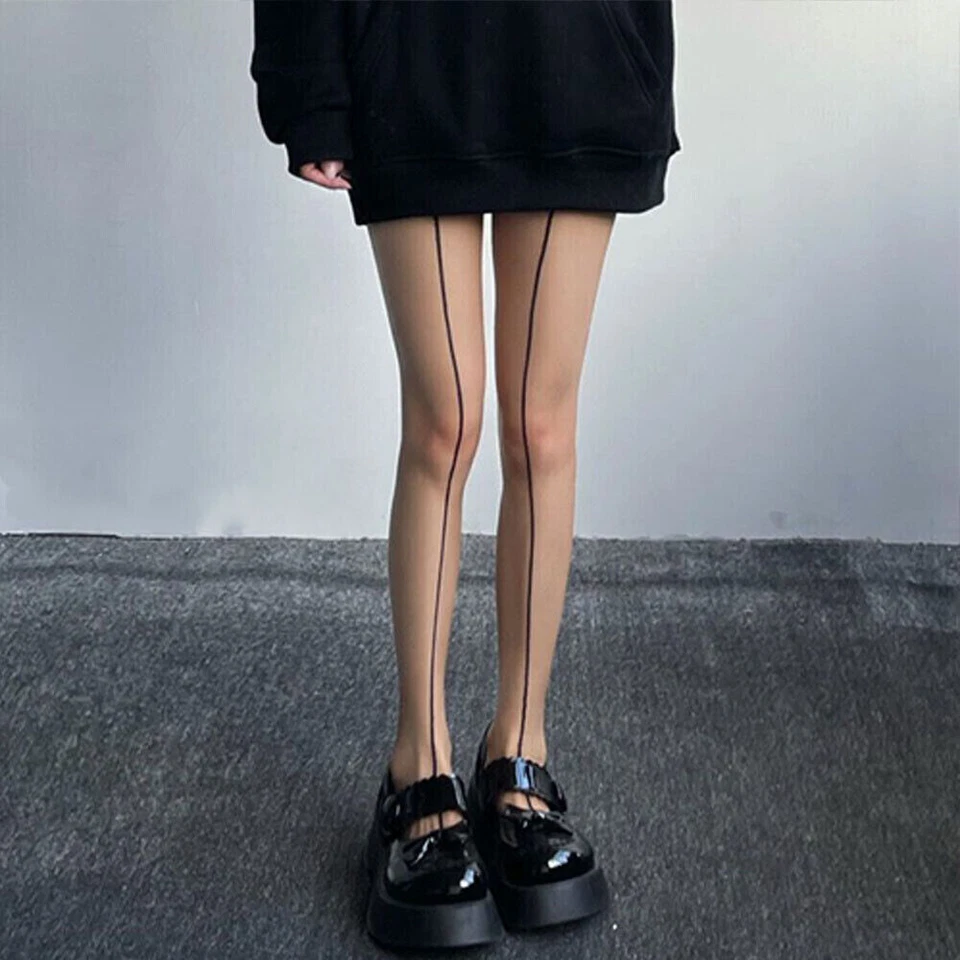 Women Retro Oily Shiny Open Crotch Pantyhose Vertical Striped Slimming Stockings - Image 3 of 4