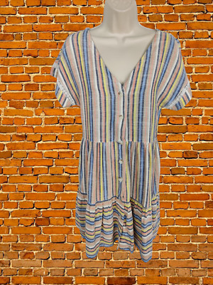 BNWT NEXT PETITE XS MULTI DRESS SMOCK MINI BEACH SHORT SLEEVE LINEN BLEND WOMEN
