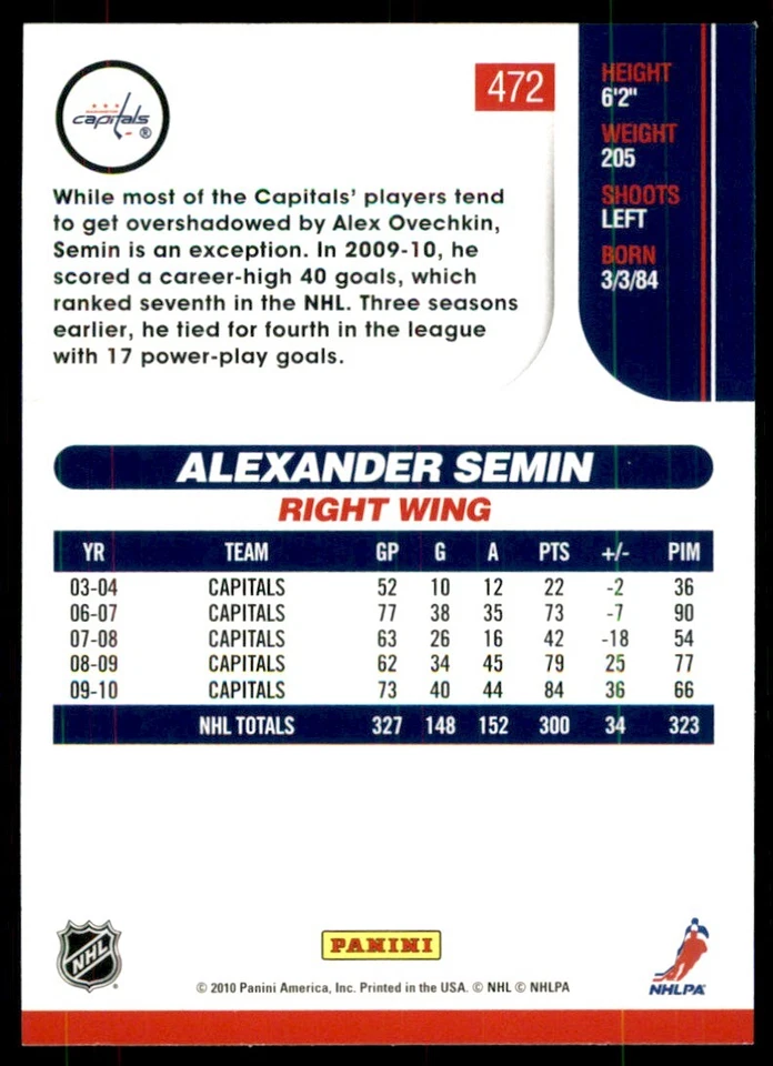 2010-11 Score Alexander Semin #472 - Image 2 of 2