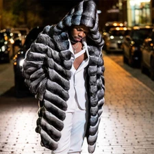 New Mens Natural Rex Rabbit Fur Coats Hooded Winter Chinchilla Real Fur Overcoat