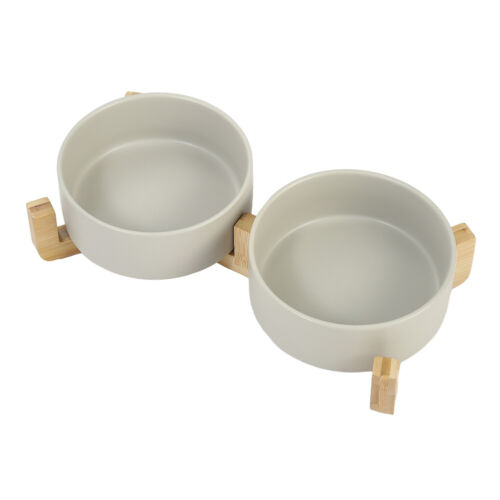 Wooden Ceramic 31cm Double Pet Bowl Dog Cat Twin Food Water Dish Feeding Station - Picture 16 of 17