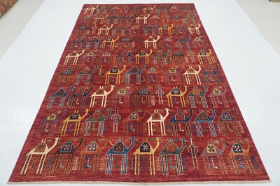 6 x 9 ft Red Camel Train Gabbeh Afghan Hand Knotted Wool Tribal Area Rug