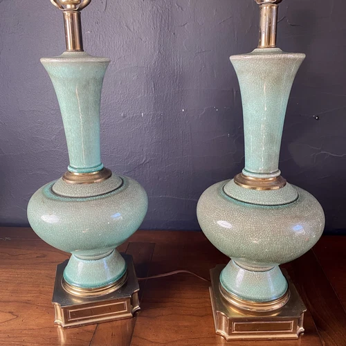 Vintage Celadon Green + Brass Porcelain Table Lamps Crackle Glaze MATCHED PAIR