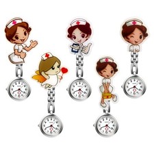 5Pcs Cartoon Nurse Girls Fob Brooch Clip-on Hanging Quartz Analog Pocket Watches