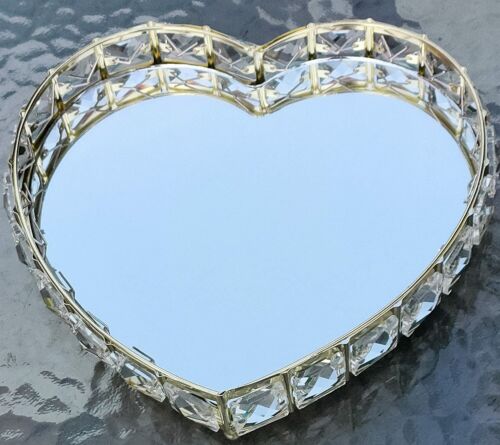 EagleWiz Crystals Heart Shape Glass Mirror Golden Tray Birthday Wedding 22cm - Picture 1 of 4