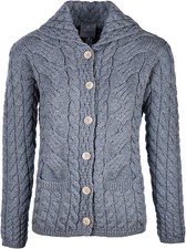 Ladies 6 Button Cable Merino Wool Cardigan By Aran Mills - Light Grey