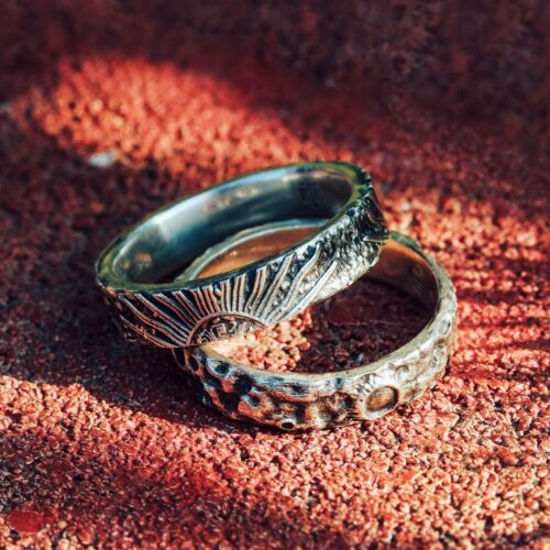 Sterling Silver Couple Rings, Handmade Couple Ring Set, Sun Moon Promise Band. - Picture 1 of 11