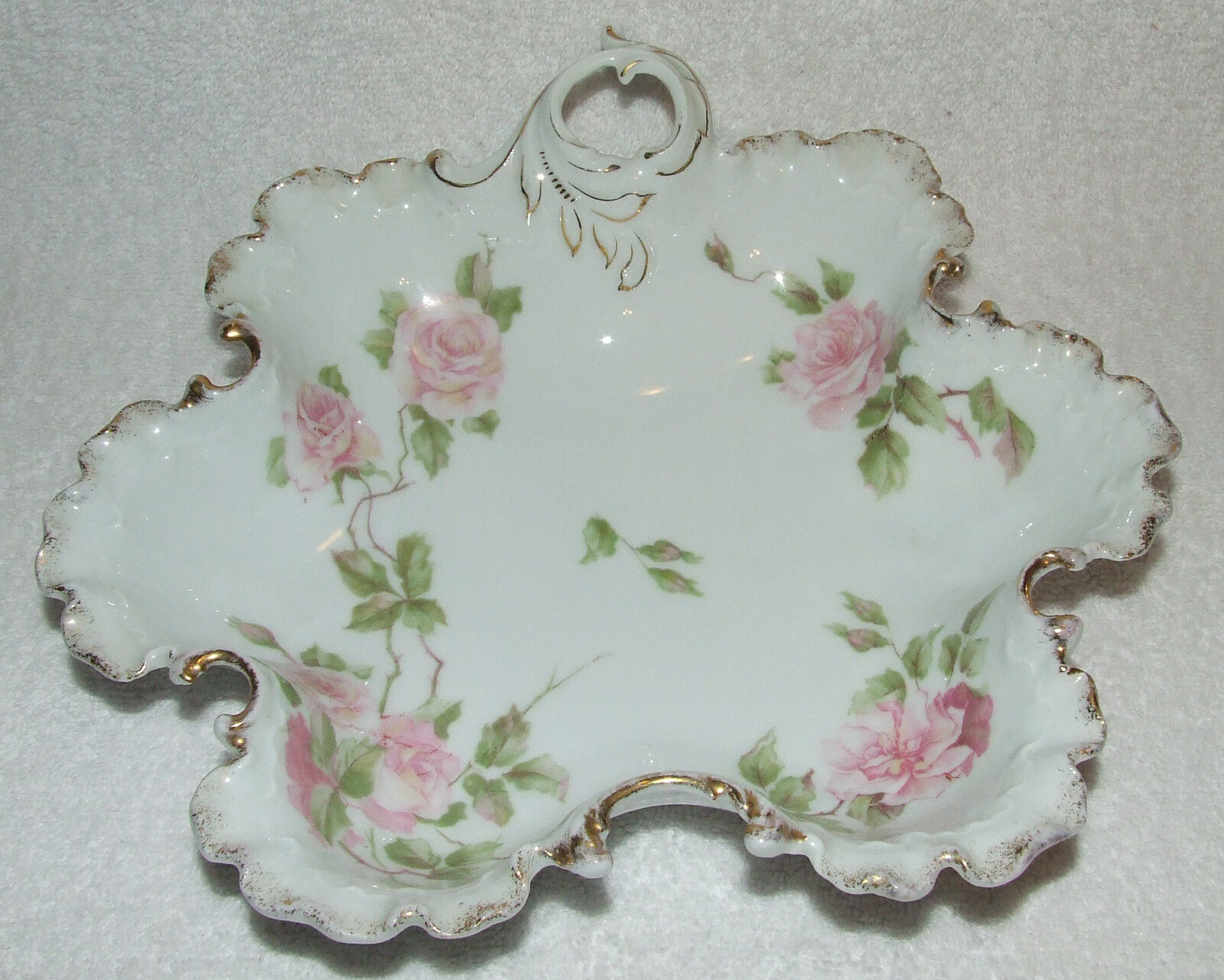 ANTIQUE ROSENTHAL MONBIJOU BAVARIA SCALLOPED LEAF NUT CANDY DISH BOWL PINK  ROSES