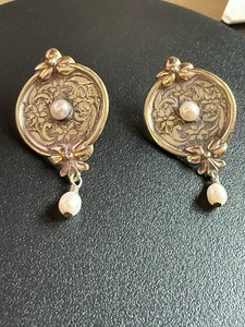 Vintage Ornate Sterling Silver With Pearl And Gold Earrings