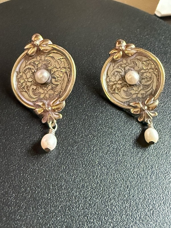 Vintage Ornate Sterling Silver With Pearl And Gold Earrings