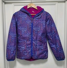Girls Columbia Blue Purple Geometric Reversible Hooded Winter Jacket Sz 14/16