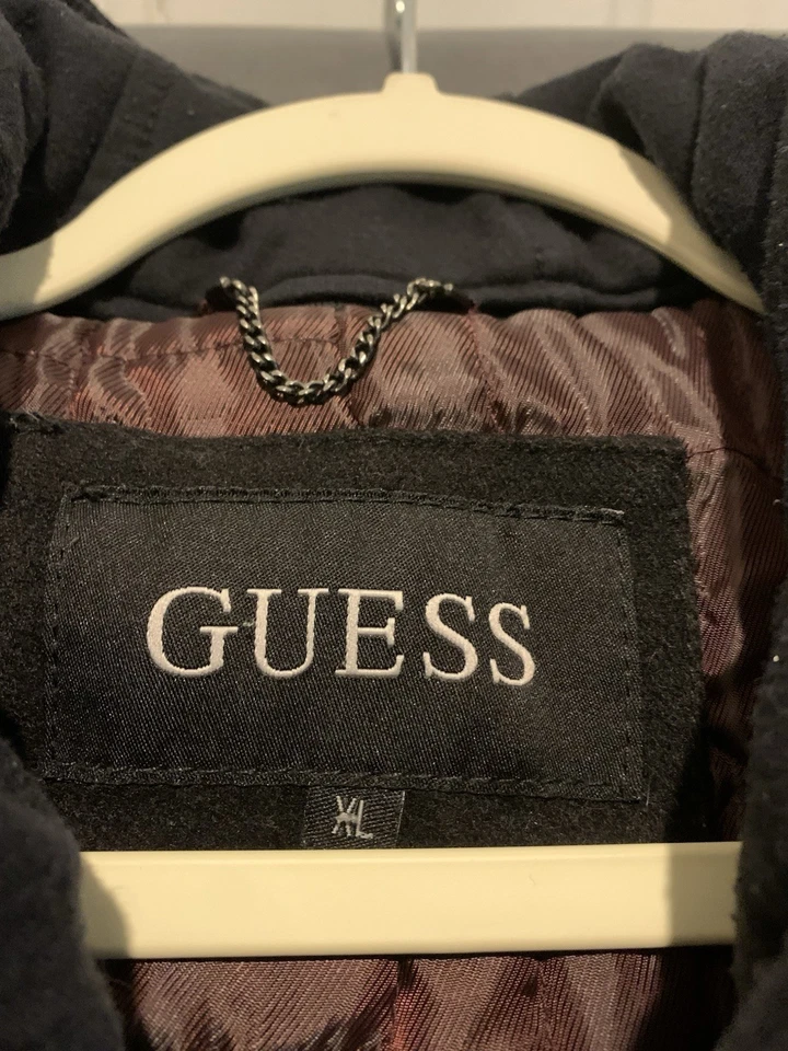 GUESS Heavyweight Pea Coat Mens XL Black Wool Blend with Removable Hood Utility - Image 2 of 4