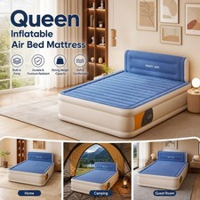 Image of Queen Inflatable Air Bed Mattress W/ Built-in Pump Backrests Blue 203x152x36cm