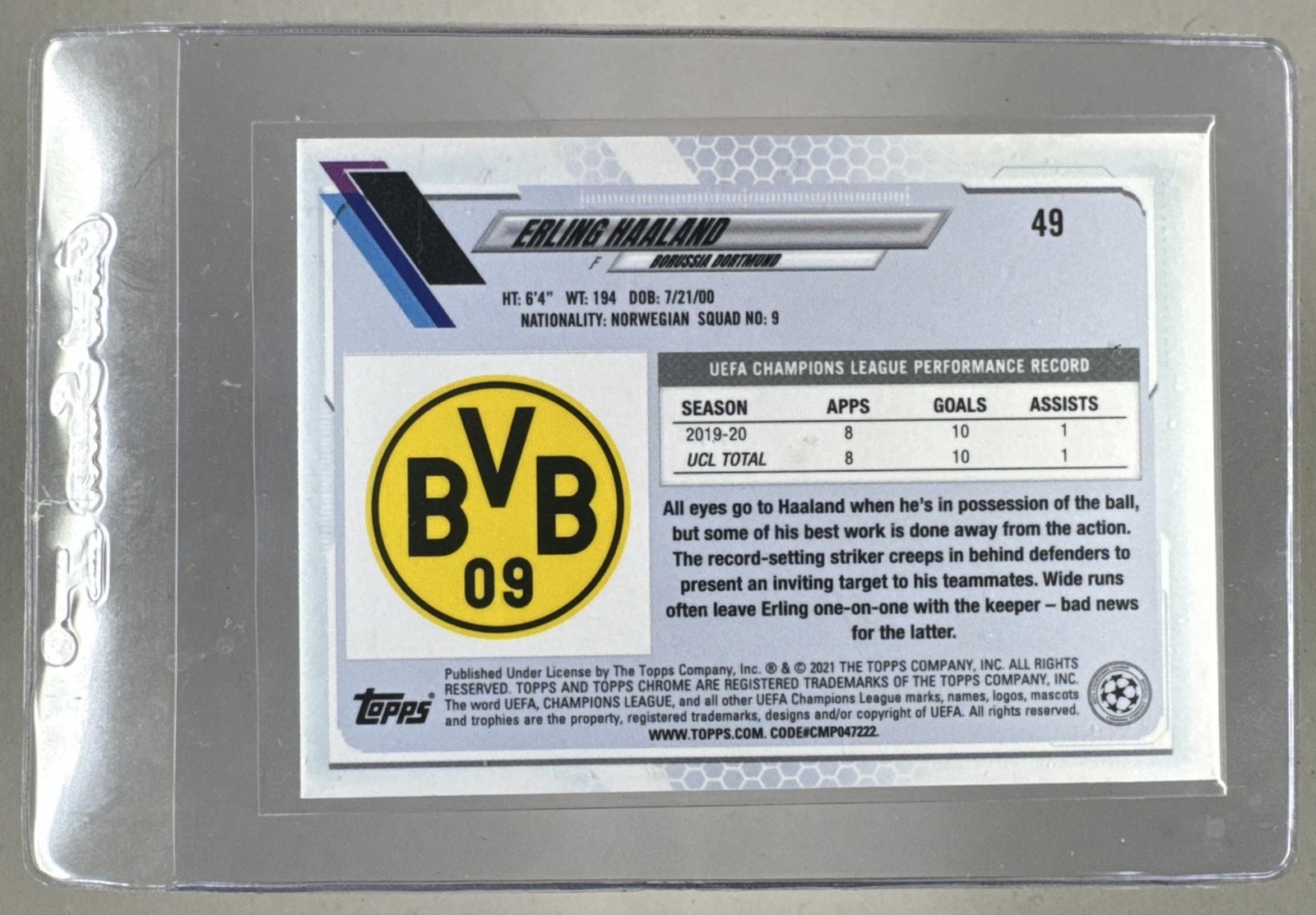 Erling Haaland 2020 Topps Chrome Sapphire UEFA #49 view 2