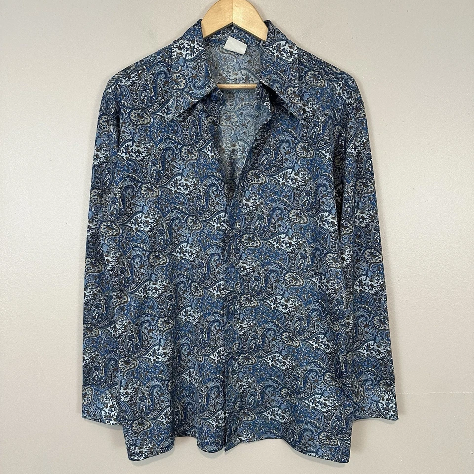 Camisa De Colección Años 70 Disco Paisley Sears Kings Road Azul Abotonada Para Hombres L Foto 2 de 4