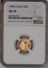 1986 Gold Eagle 1/10 oz. $5 NGC MS70. Free shipping.
