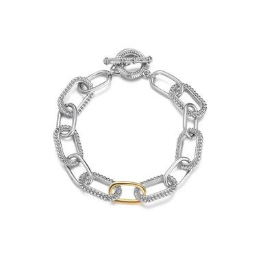 Cable Chain Link Bracelet - Two Tone Chain Bracelet for Women - Silver Circle Li