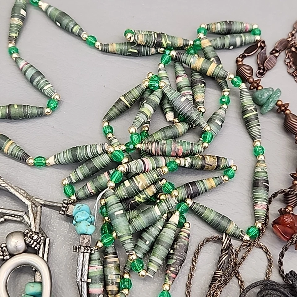 Lote de 16 Collares Cuentas Piedra Azul Papel Verde Acrílico Esterlina Foto 4 de 4