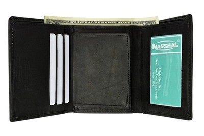 Mens Genuine Leather Trifold Officer Badge Holder Wallet Black by Marshal