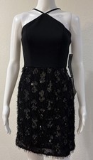  Adrianna by Adrianna Papell Women's Black Sequin Fringe Halter Sheath Dress 2