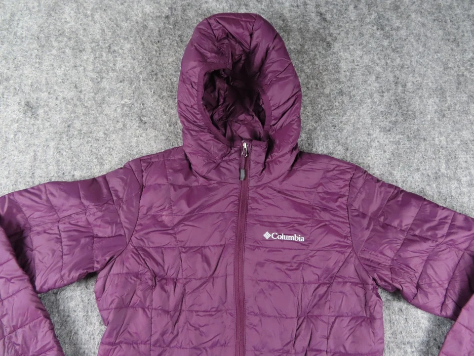 Chaqueta Columbia Mujer Pequeña Púrpura 590TD Turbo Down Omni Heat Puffer Parka DEFECTUOSA Foto 2 de 4