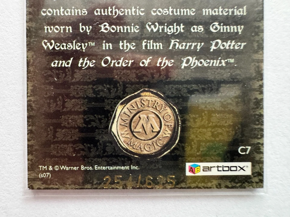 Harry Potter Bonnie Wright Ginny Weasley OOTP Costume Card C7 254/625 - Image 4 of 4