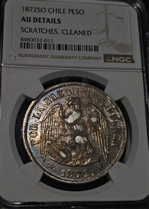 Chile 1872 S0 1 Peso Silver Coin  AU Details Cleaned