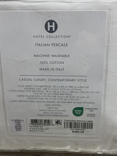 Hotel Collection Italian Percale 100% Cotton King Sheet Set White / Silver New - Picture 5 of 5