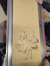 2 Japanese Hanging Silk Scroll Paintings 19th 20th Century Set Of 2