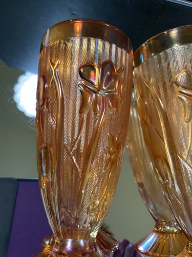 Vintage Jeannette Iris and Herringbone Tumblers Set 2 Marigold 6 in Tall #65 - Picture 4 of 5