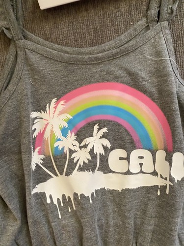 Justice Girls Sz 7/ 8 (S) Ruffle Top Romper Cali Palm Trees & Rainbows - Picture 2 of 5