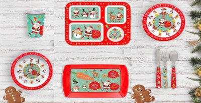 Weihnachten Kinder Geschirr Weihnachtsmann Festlich Becher Teller Tablett Besteck Sternchen