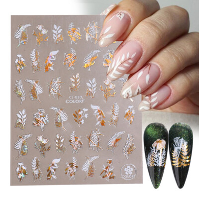 Leaves Slider Nails Gold White Bronzing Flowers Gradient Sticker Nail Decor 1pcs
