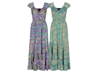 SEIDIGES MAXIKLEID Zephyr seidig Bauern Zigeunerstil Kleid lila lang kurvig Mädchen