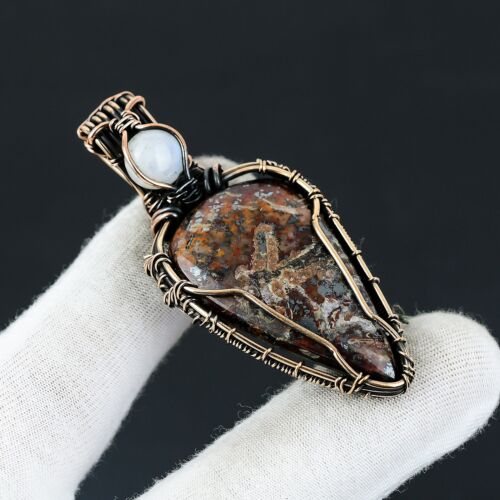 Szalona koronka agat kamień szlachetny ręcznie robiona biżuteria drut miedziany owinięty prezent wisiorek j614 - Zdjęcie 1 z 7