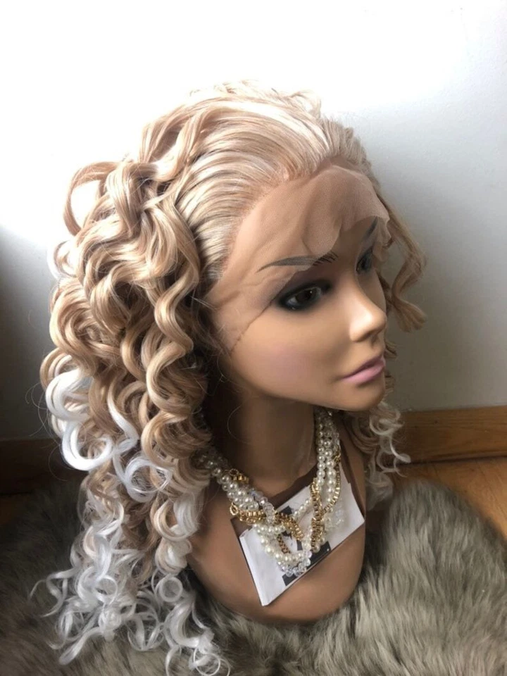 Peluca rubia ombre blanca afro rizada sintética encaje frontal cosplay drag queen peluca Foto 4 de 4