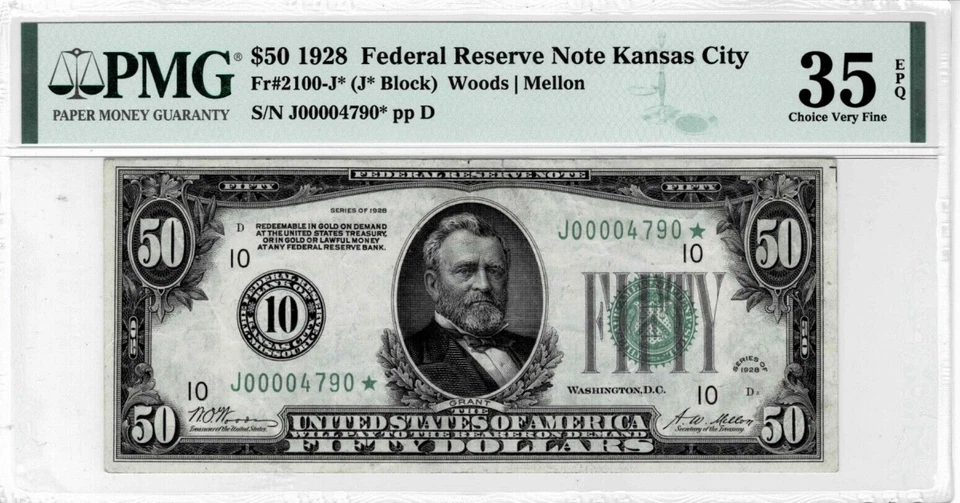 1928 年 50 美元 FRN *STAR* note-fr.2100-J * ( 堪萨斯城)黄金 CLAUSE-PMG 35 EPQ-2 更细!